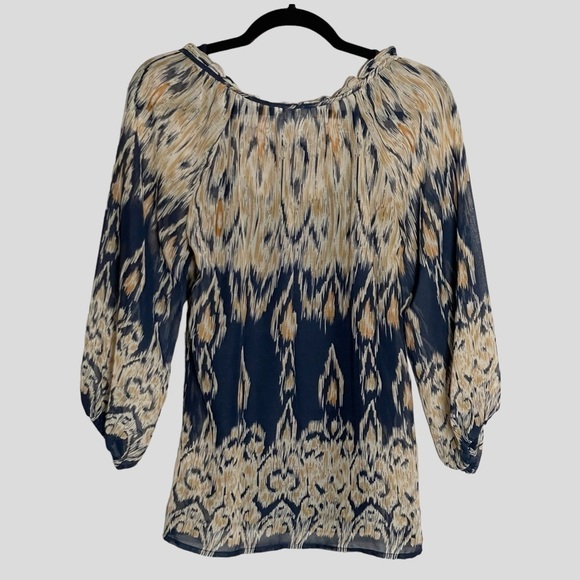 🌺 Kenar Boho Ikat Navy Tie Neck Lightweight Blouse Size XS - Picture 2 of 10